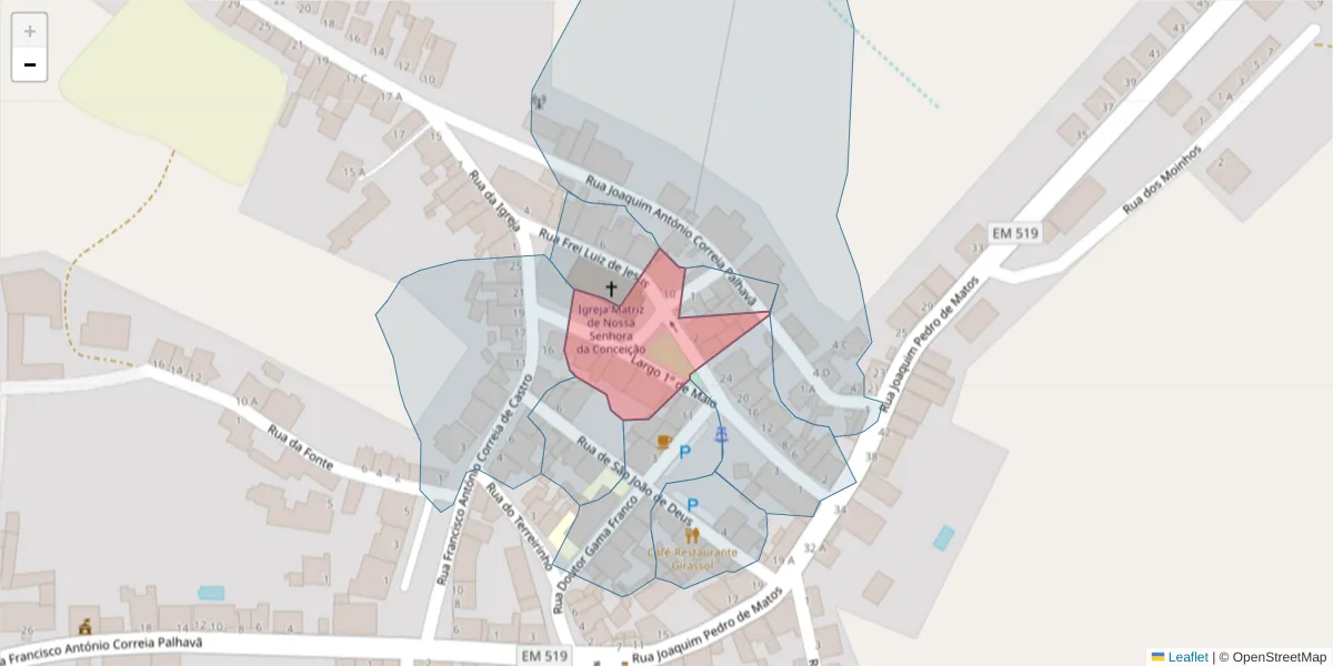 Mapa detalhado do código postal 7050-402 com limites, códigos postais vizinhos e agências dos correios
