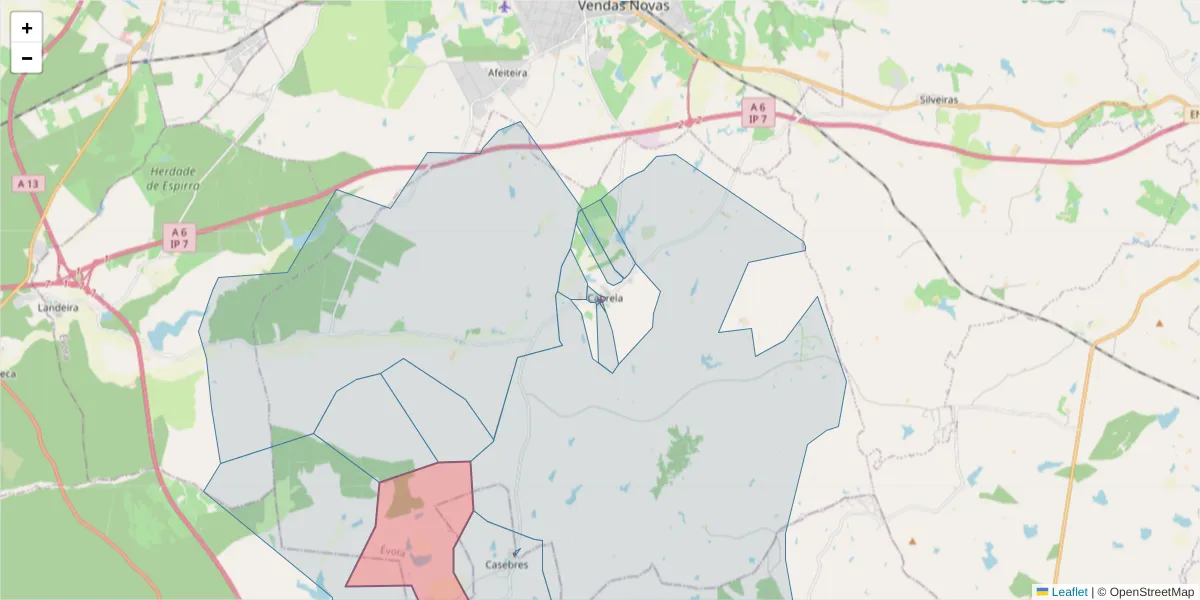 Mapa detalhado do código postal 7050-408 com limites, códigos postais vizinhos e agências dos correios