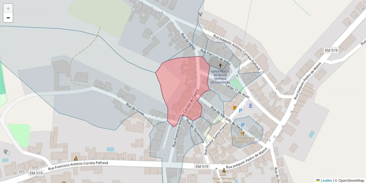 Mapa detalhado do código postal 7050-419 com limites, códigos postais vizinhos e agências dos correios