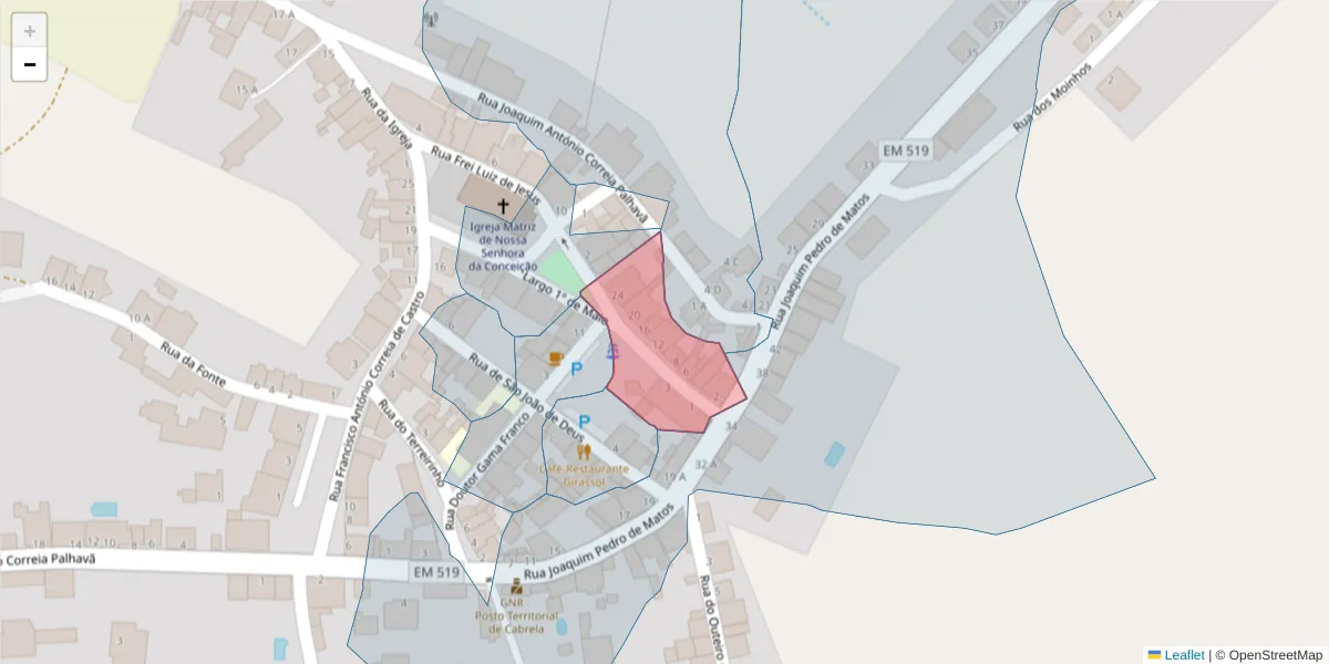 Mapa detalhado do código postal 7050-424 com limites, códigos postais vizinhos e agências dos correios