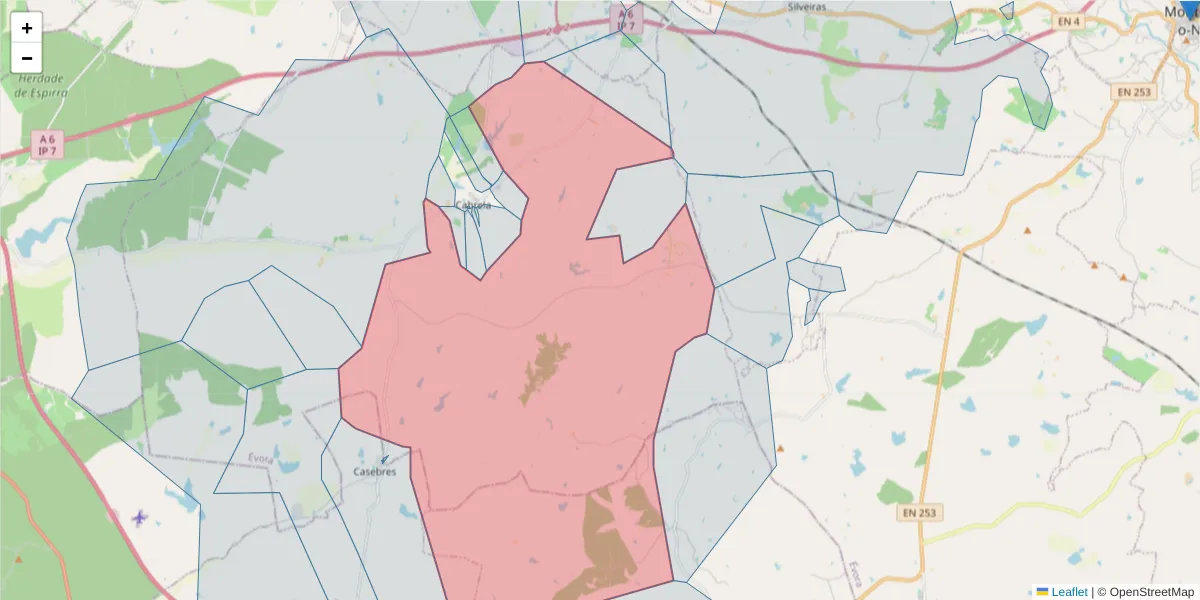 Mapa detalhado do código postal 7050-443 com limites, códigos postais vizinhos e agências dos correios
