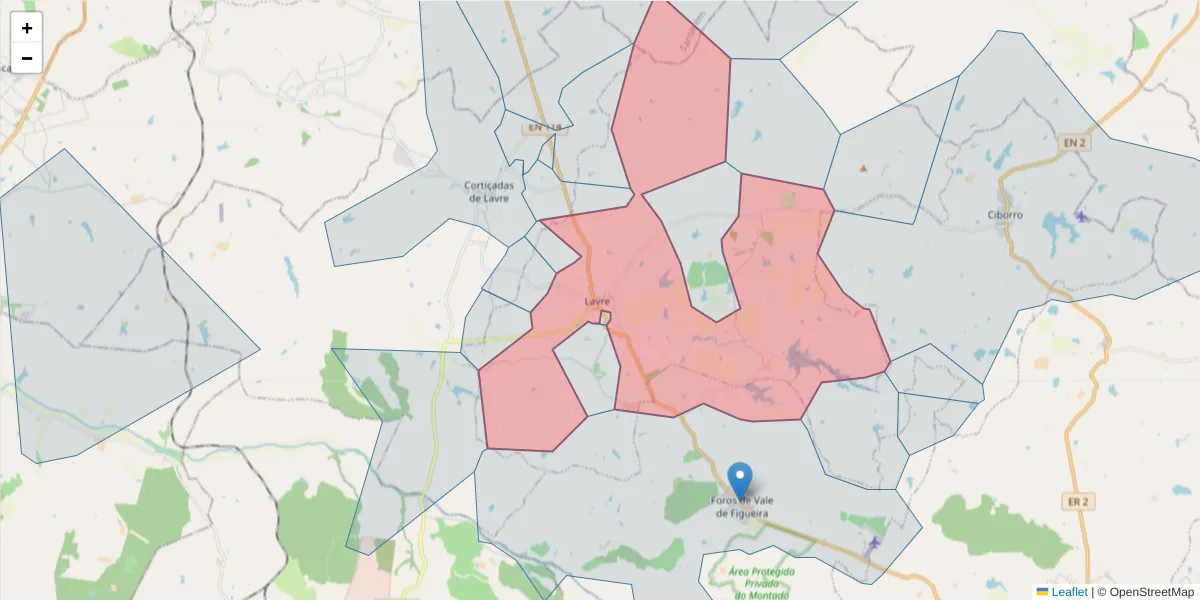 Mapa detalhado do código postal 7050-467 com limites, códigos postais vizinhos e agências dos correios