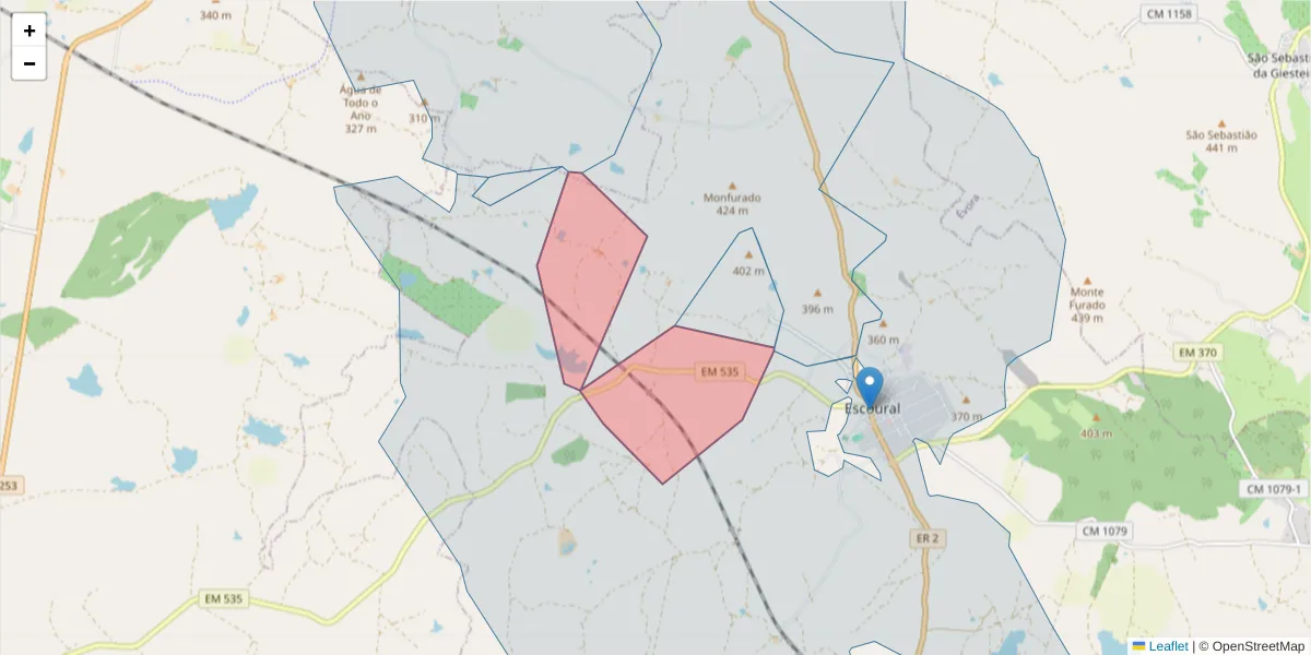 Mapa detalhado do código postal 7050-523 com limites, códigos postais vizinhos e agências dos correios