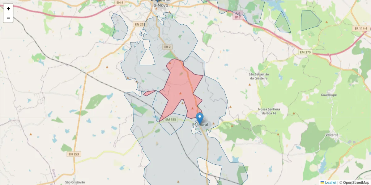 Mapa detalhado do código postal 7050-524 com limites, códigos postais vizinhos e agências dos correios