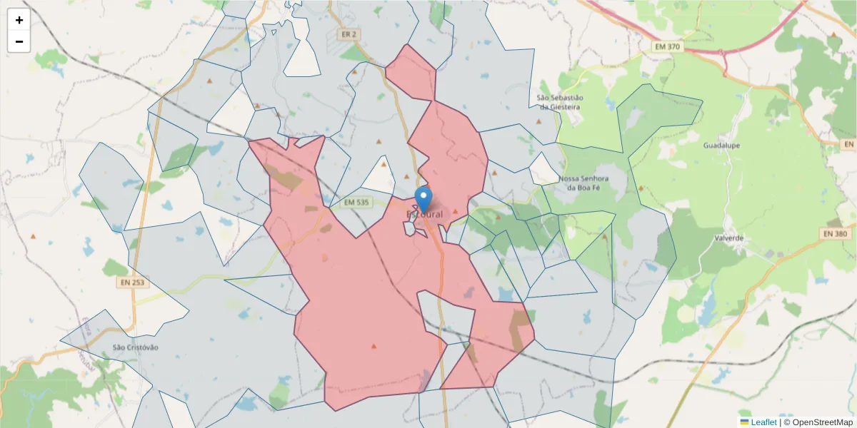 Mapa detalhado do código postal 7050-556 com limites, códigos postais vizinhos e agências dos correios