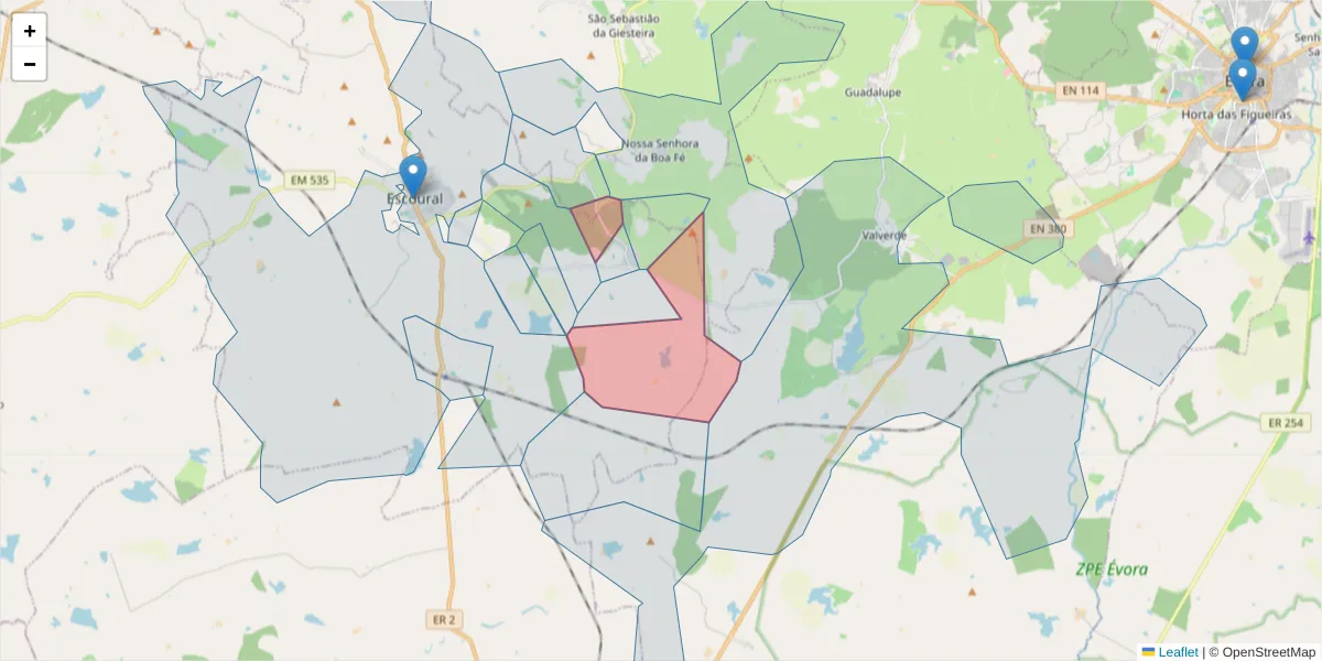 Mapa detalhado do código postal 7050-557 com limites, códigos postais vizinhos e agências dos correios