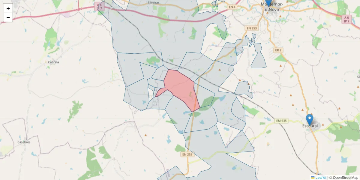 Mapa detalhado do código postal 7050-587 com limites, códigos postais vizinhos e agências dos correios