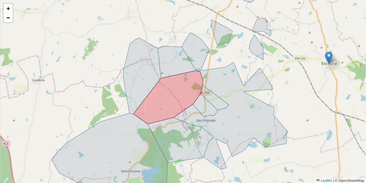 Mapa detalhado do código postal 7050-590 com limites, códigos postais vizinhos e agências dos correios