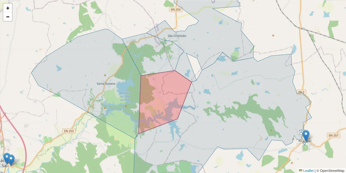 Mapa detalhado do código postal 7050-595 com limites, códigos postais vizinhos e agências dos correios