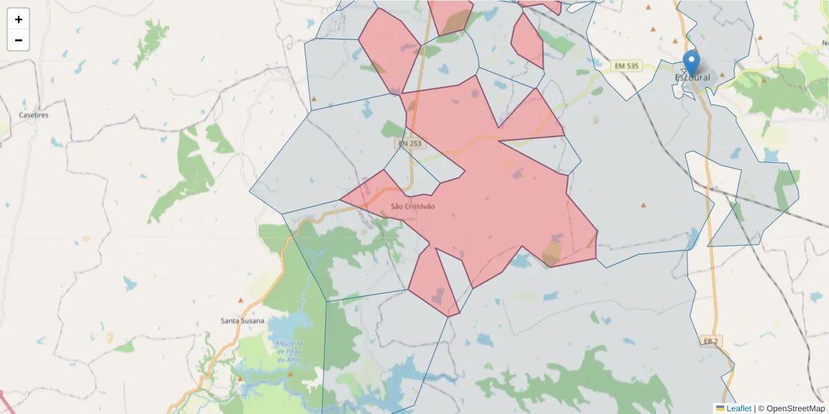 Mapa detalhado do código postal 7050-600 com limites, códigos postais vizinhos e agências dos correios