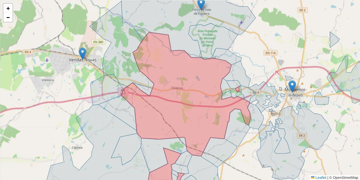 Mapa detalhado do código postal 7050-677 com limites, códigos postais vizinhos e agências dos correios