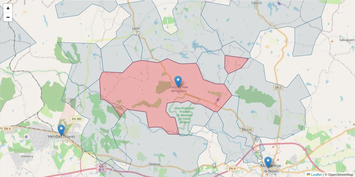 Mapa detalhado do código postal 7050-704 com limites, códigos postais vizinhos e agências dos correios