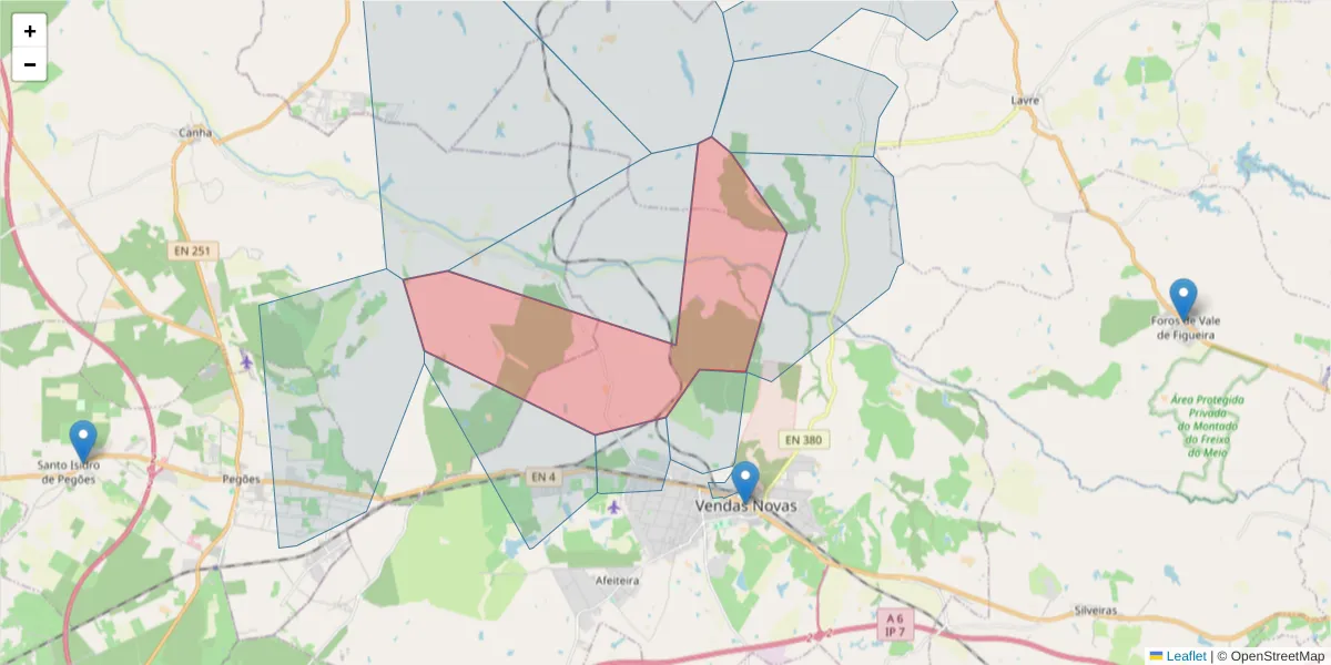 Mapa detalhado do código postal 7080-304 com limites, códigos postais vizinhos e agências dos correios