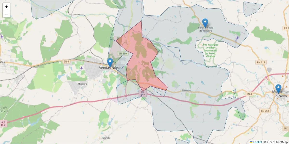 Mapa detalhado do código postal 7080-321 com limites, códigos postais vizinhos e agências dos correios