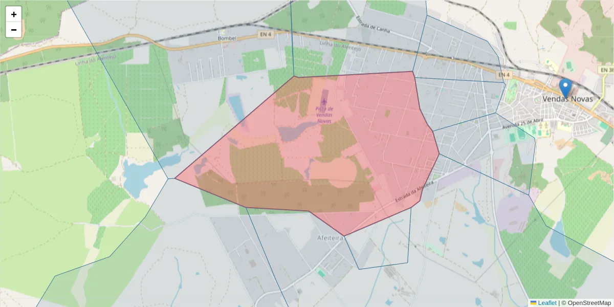 Mapa detalhado do código postal 7080-325 com limites, códigos postais vizinhos e agências dos correios