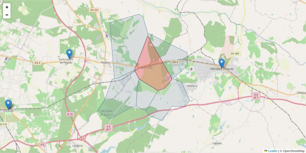 Mapa detalhado do código postal 7080-326 com limites, códigos postais vizinhos e agências dos correios