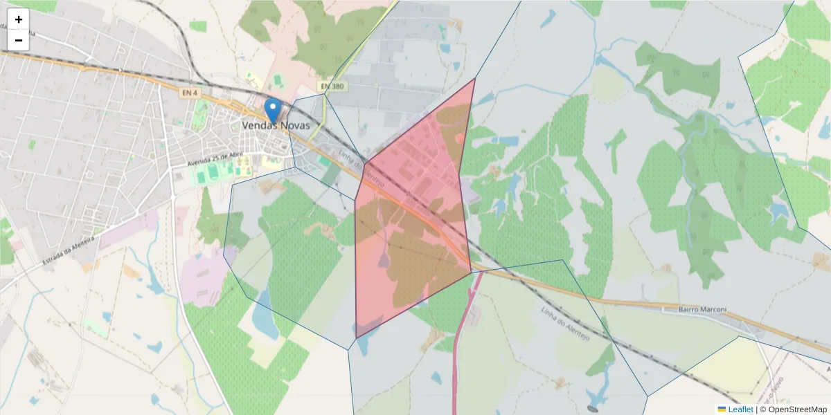 Mapa detalhado do código postal 7080-341 com limites, códigos postais vizinhos e agências dos correios