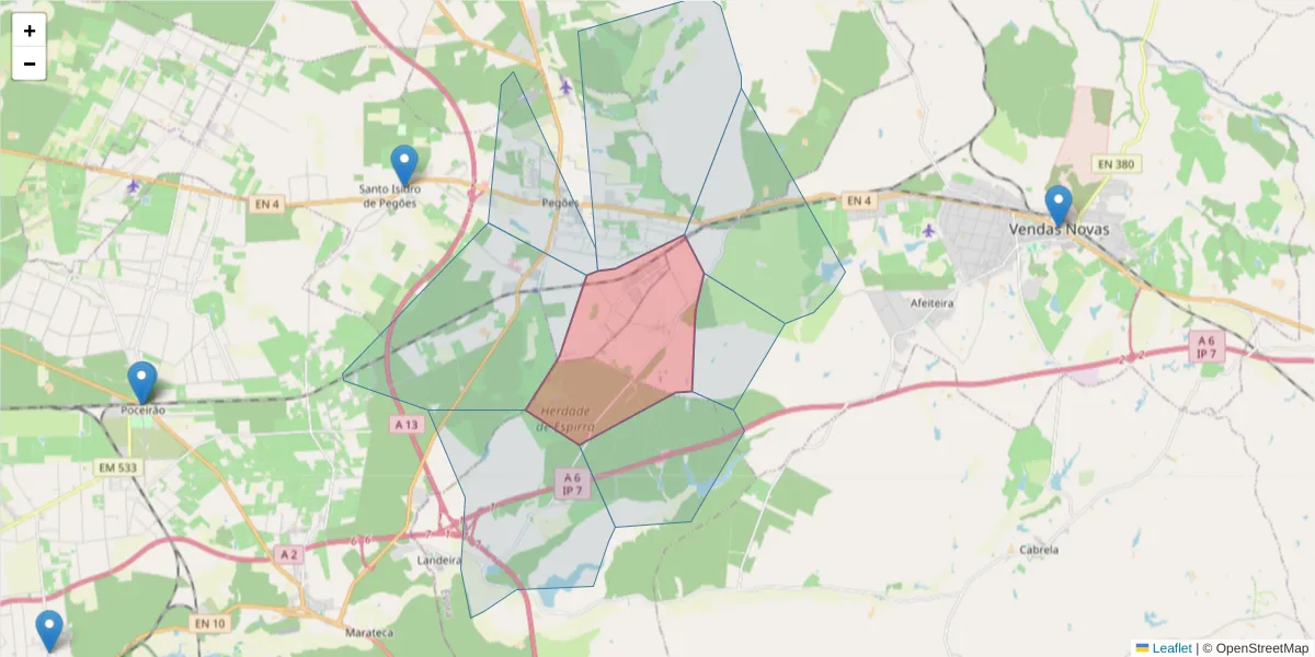 Mapa detalhado do código postal 7080-342 com limites, códigos postais vizinhos e agências dos correios
