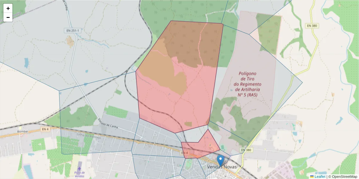 Mapa detalhado do código postal 7080-343 com limites, códigos postais vizinhos e agências dos correios
