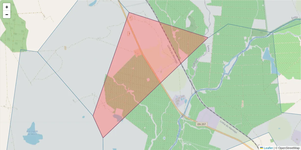 Mapa detalhado do código postal 7090-000 com limites, códigos postais vizinhos e agências dos correios
