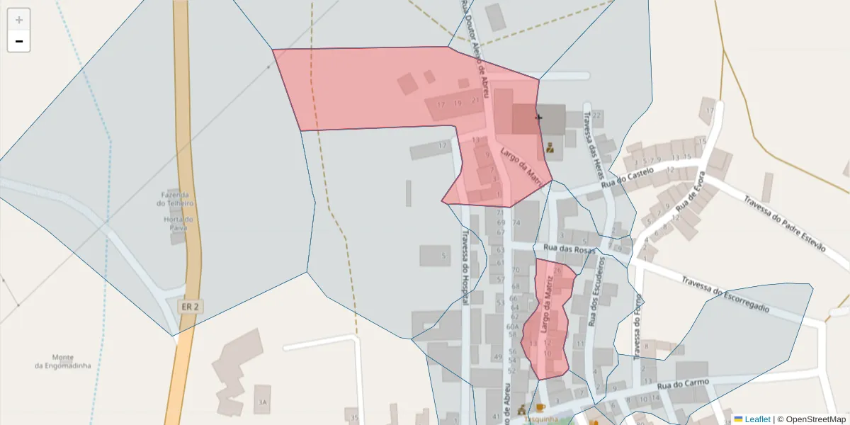 Mapa detalhado do código postal 7090-025 com limites, códigos postais vizinhos e agências dos correios
