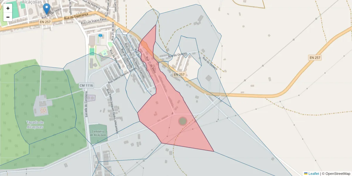 Mapa detalhado do código postal 7090-027 com limites, códigos postais vizinhos e agências dos correios