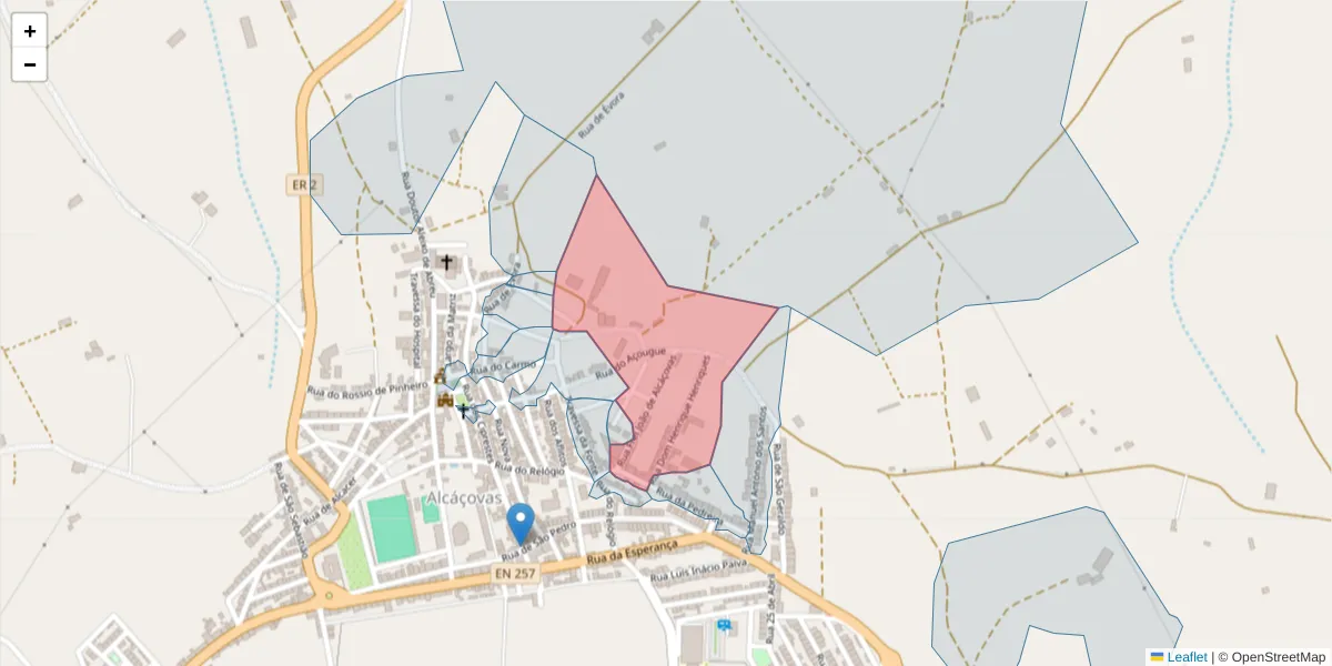 Mapa detalhado do código postal 7090-033 com limites, códigos postais vizinhos e agências dos correios