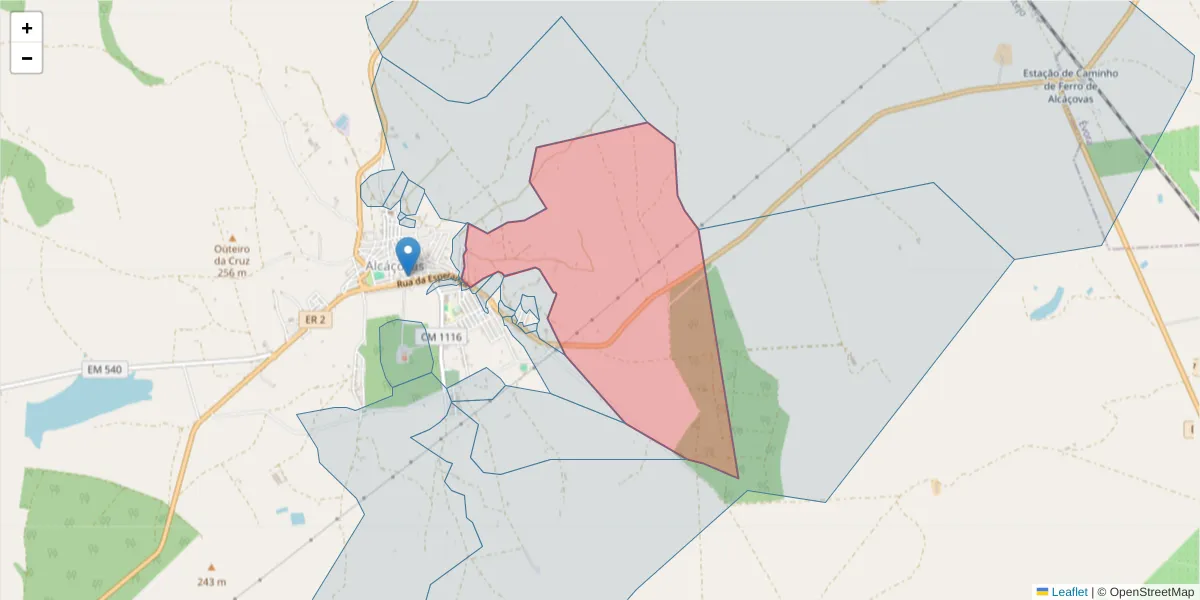 Mapa detalhado do código postal 7090-040 com limites, códigos postais vizinhos e agências dos correios