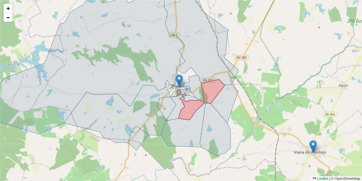 Mapa detalhado do código postal 7090-045 com limites, códigos postais vizinhos e agências dos correios