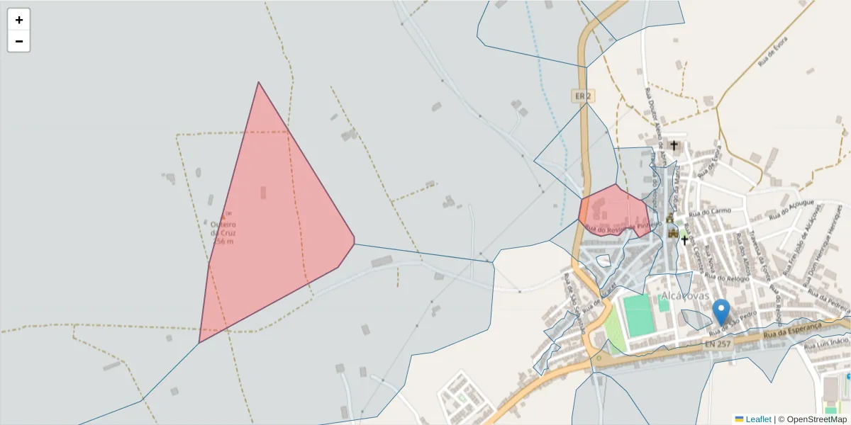 Mapa detalhado do código postal 7090-049 com limites, códigos postais vizinhos e agências dos correios