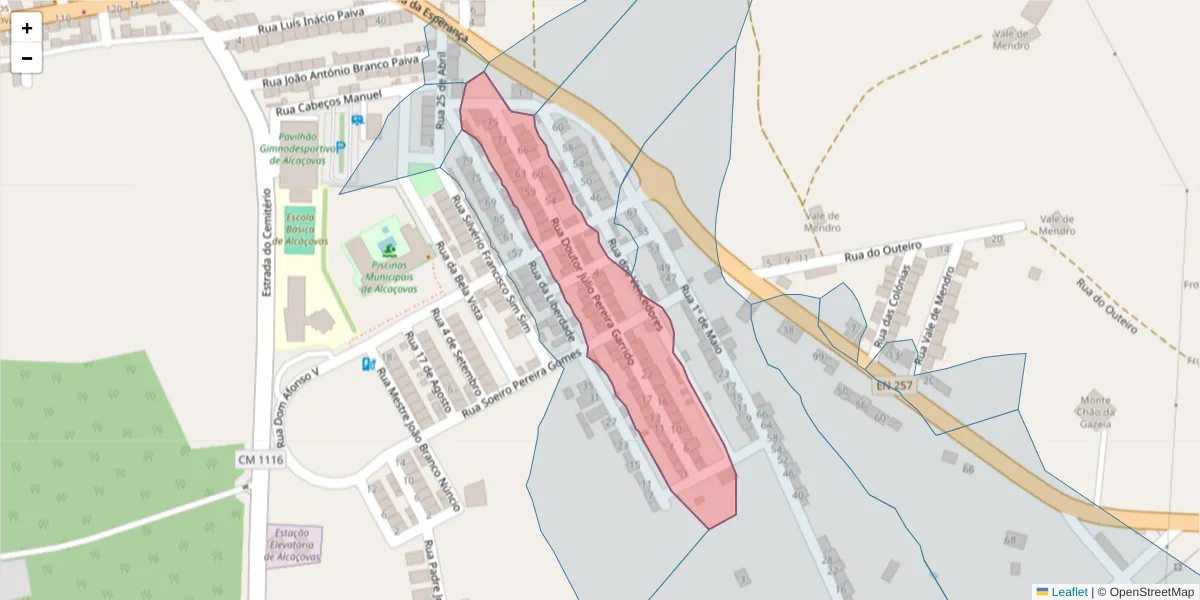 Mapa detalhado do código postal 7090-057 com limites, códigos postais vizinhos e agências dos correios
