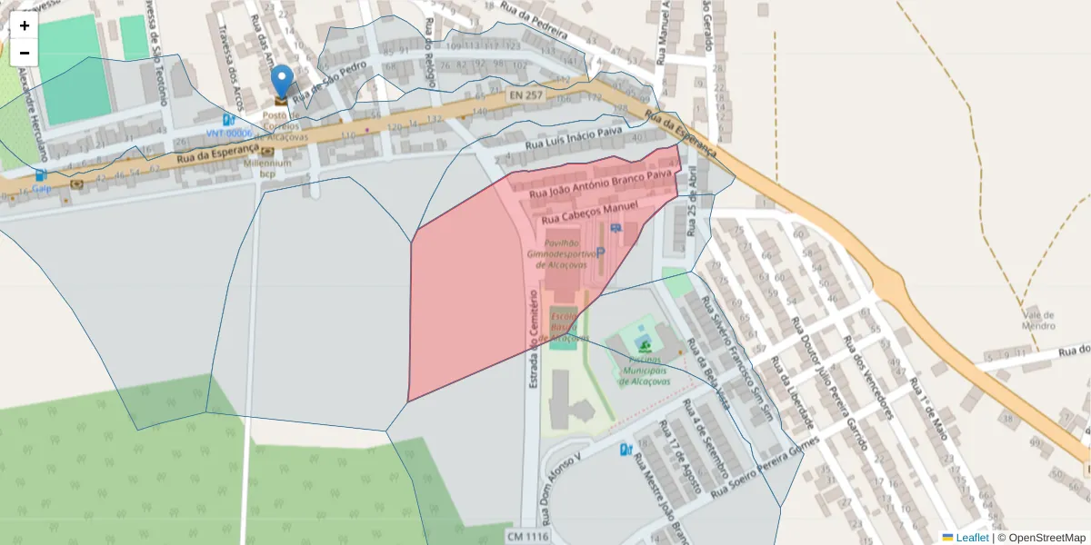 Mapa detalhado do código postal 7090-059 com limites, códigos postais vizinhos e agências dos correios
