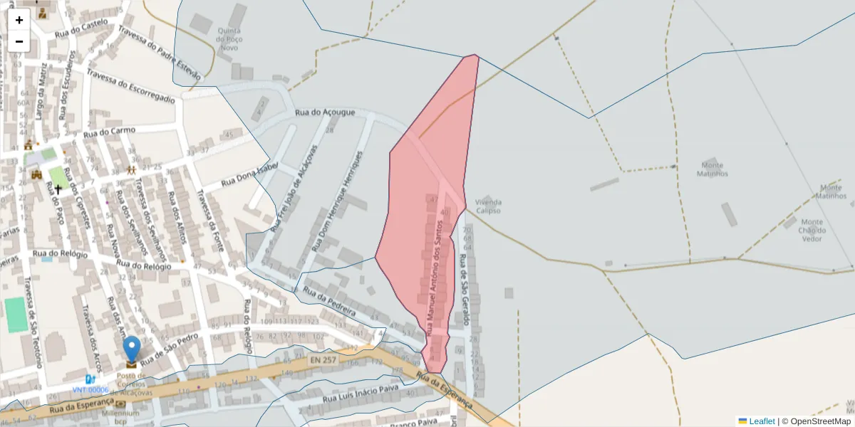 Mapa detalhado do código postal 7090-062 com limites, códigos postais vizinhos e agências dos correios
