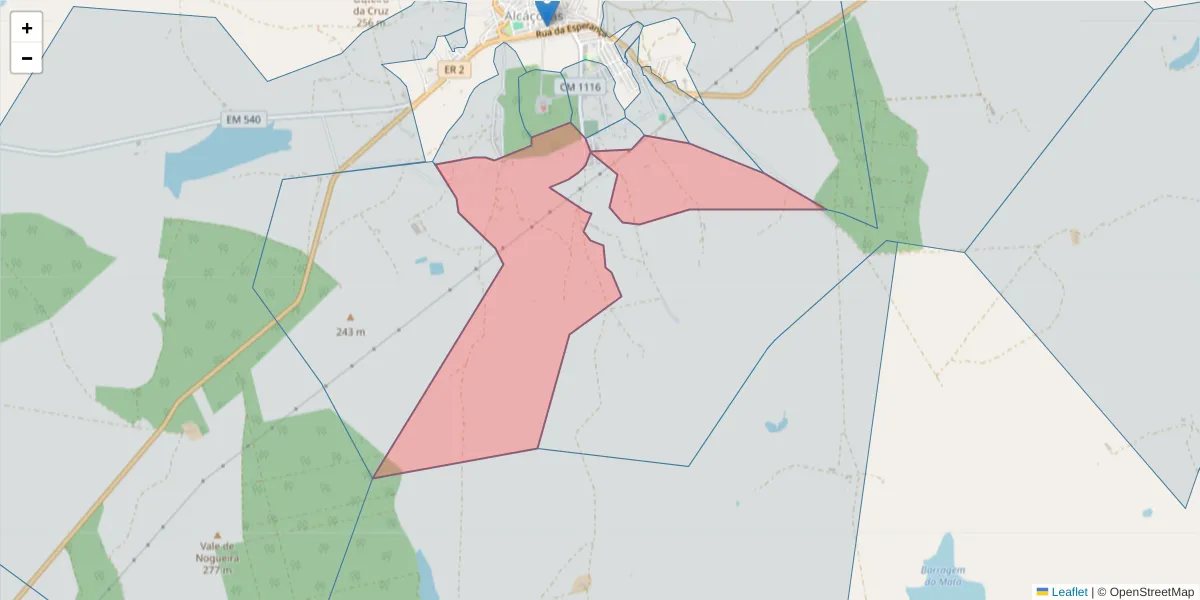 Mapa detalhado do código postal 7090-096 com limites, códigos postais vizinhos e agências dos correios