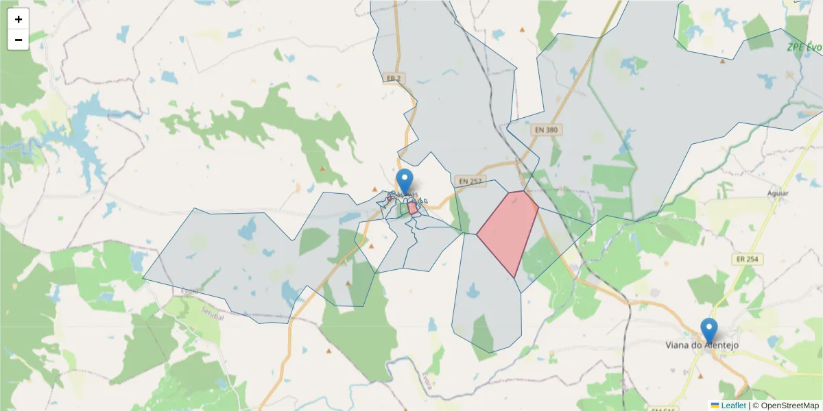Mapa detalhado do código postal 7090-099 com limites, códigos postais vizinhos e agências dos correios