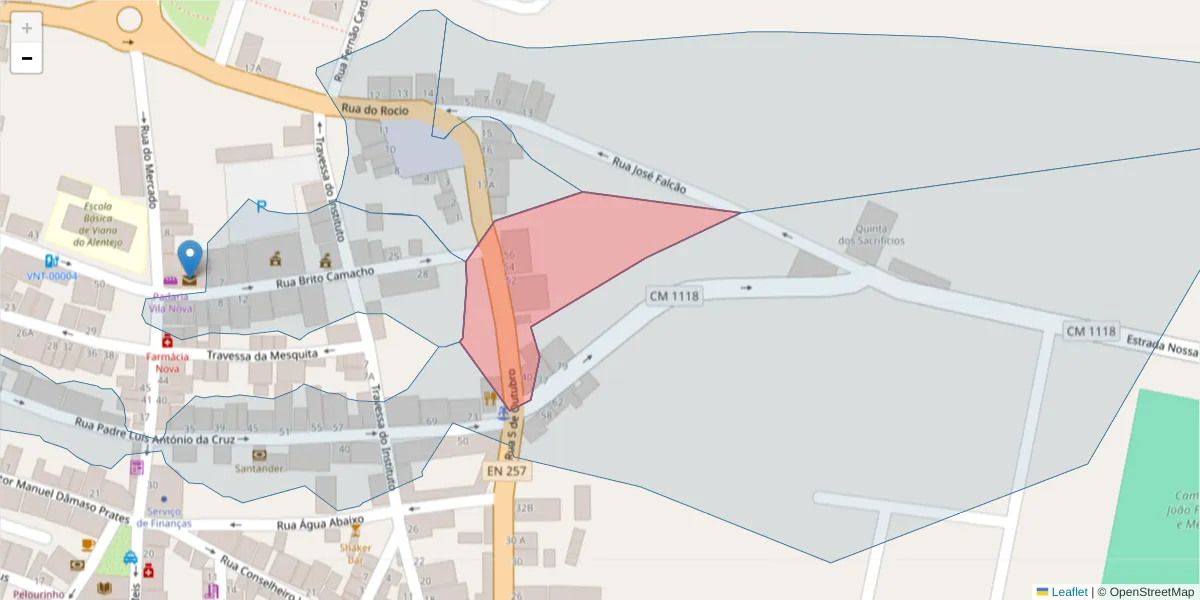 Mapa detalhado do código postal 7090-205 com limites, códigos postais vizinhos e agências dos correios
