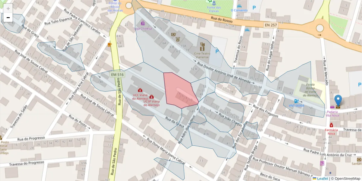 Mapa detalhado do código postal 7090-221 com limites, códigos postais vizinhos e agências dos correios
