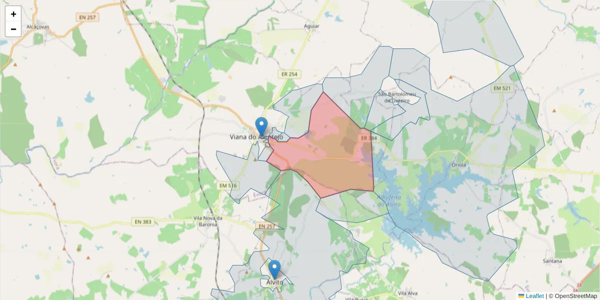 Mapa detalhado do código postal 7090-222 com limites, códigos postais vizinhos e agências dos correios