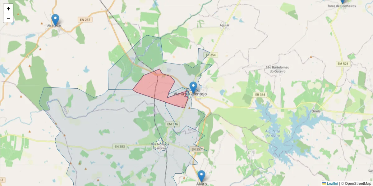 Mapa detalhado do código postal 7090-223 com limites, códigos postais vizinhos e agências dos correios