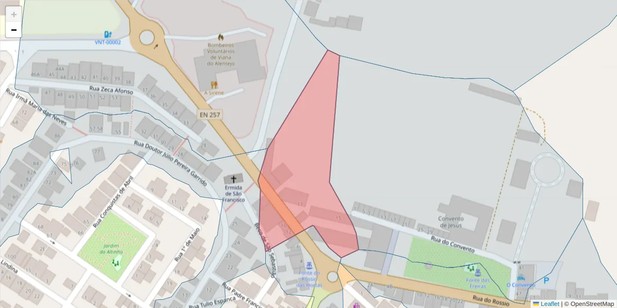 Mapa detalhado do código postal 7090-225 com limites, códigos postais vizinhos e agências dos correios