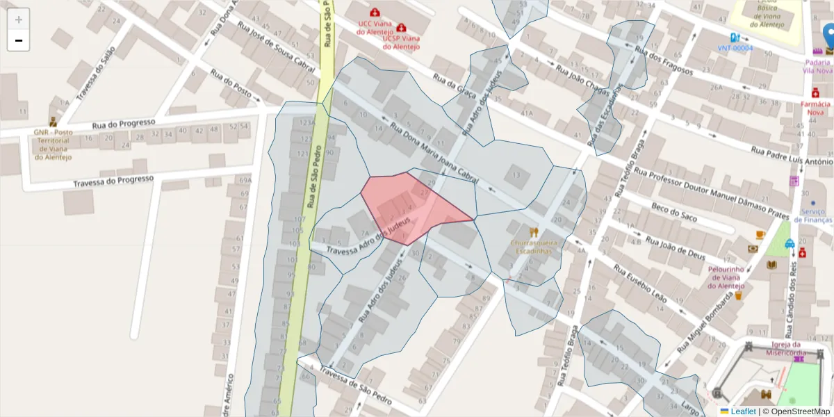 Mapa detalhado do código postal 7090-228 com limites, códigos postais vizinhos e agências dos correios