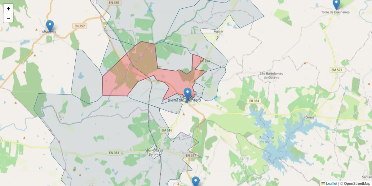 Mapa detalhado do código postal 7090-238 com limites, códigos postais vizinhos e agências dos correios