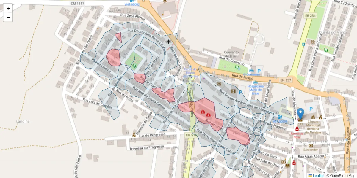 Mapa detalhado do código postal 7090-244 com limites, códigos postais vizinhos e agências dos correios