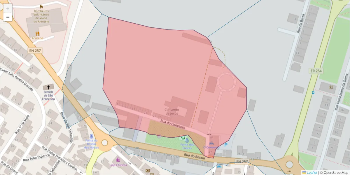 Mapa detalhado do código postal 7090-256 com limites, códigos postais vizinhos e agências dos correios
