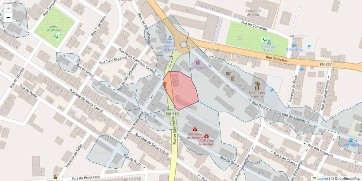 Mapa detalhado do código postal 7090-257 com limites, códigos postais vizinhos e agências dos correios