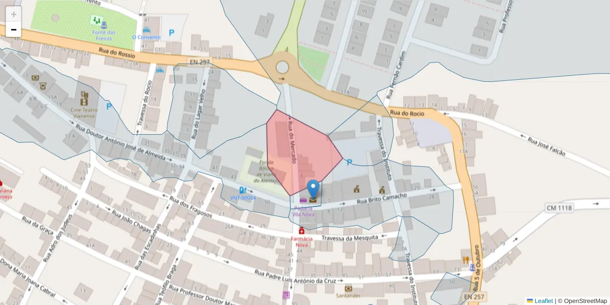 Mapa detalhado do código postal 7090-260 com limites, códigos postais vizinhos e agências dos correios