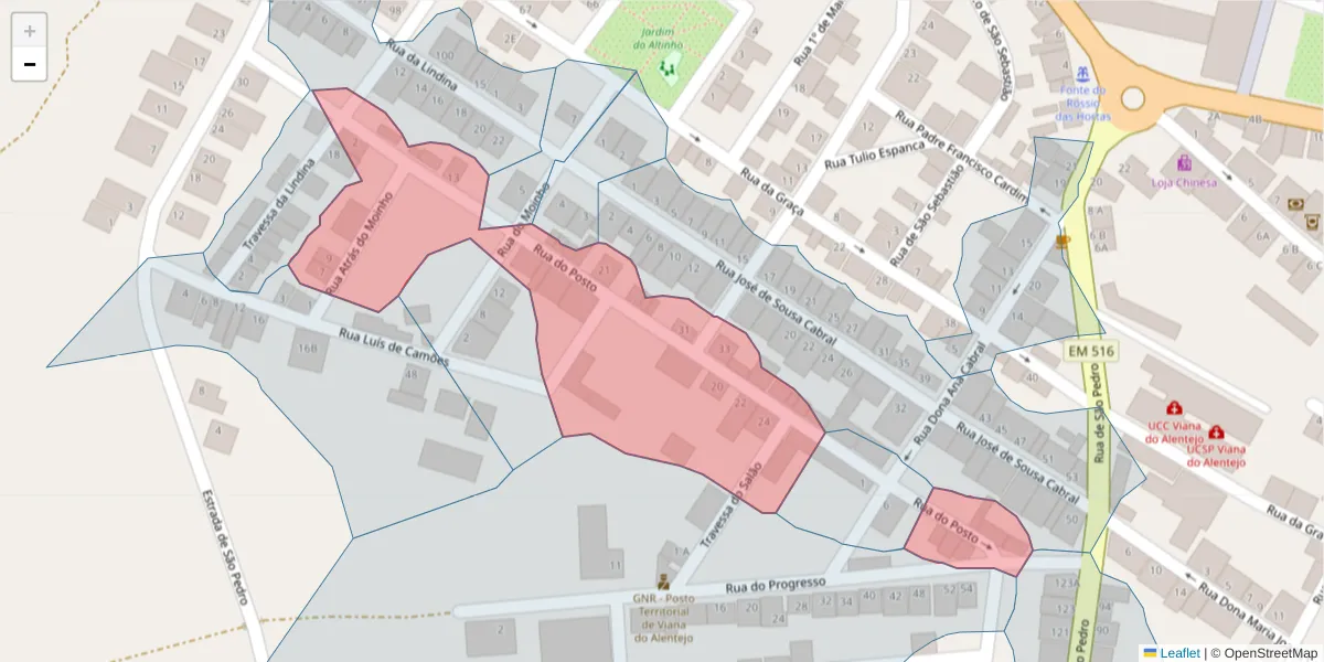 Mapa detalhado do código postal 7090-262 com limites, códigos postais vizinhos e agências dos correios