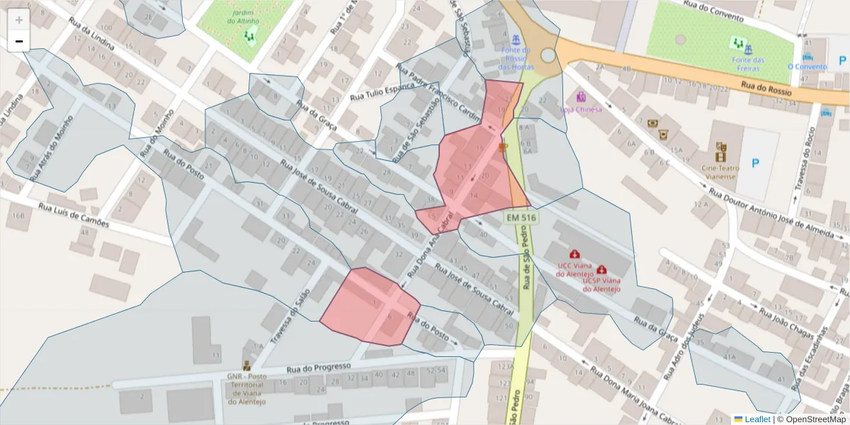 Mapa detalhado do código postal 7090-265 com limites, códigos postais vizinhos e agências dos correios