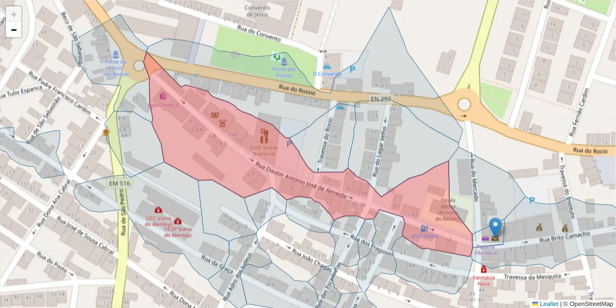 Mapa detalhado do código postal 7090-269 com limites, códigos postais vizinhos e agências dos correios