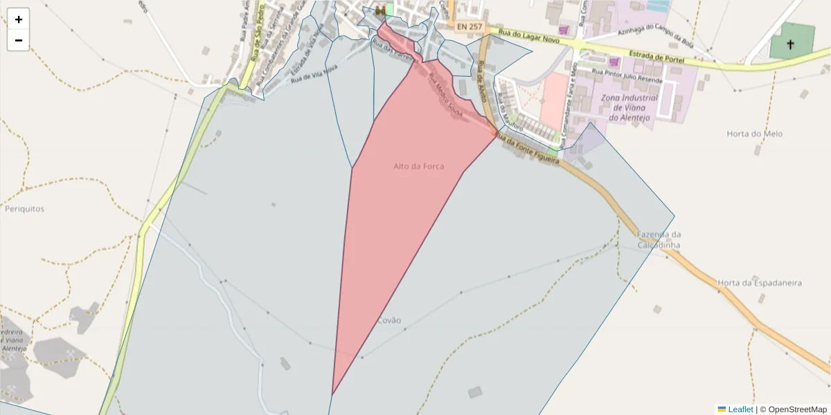 Mapa detalhado do código postal 7090-280 com limites, códigos postais vizinhos e agências dos correios